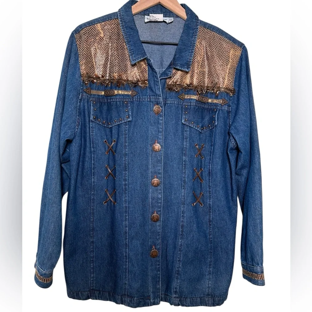 VTG 90s Nancy Bolen Western Boho Denim Shacket Snake Print Feather Trim Sz 18‎