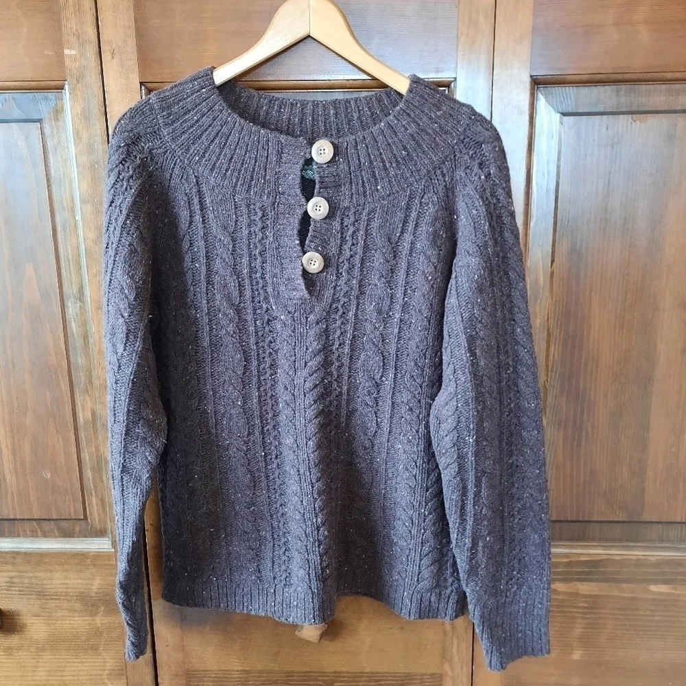 Eddie Bauer wool angora blend brown chunky cable knit crewneck sweater