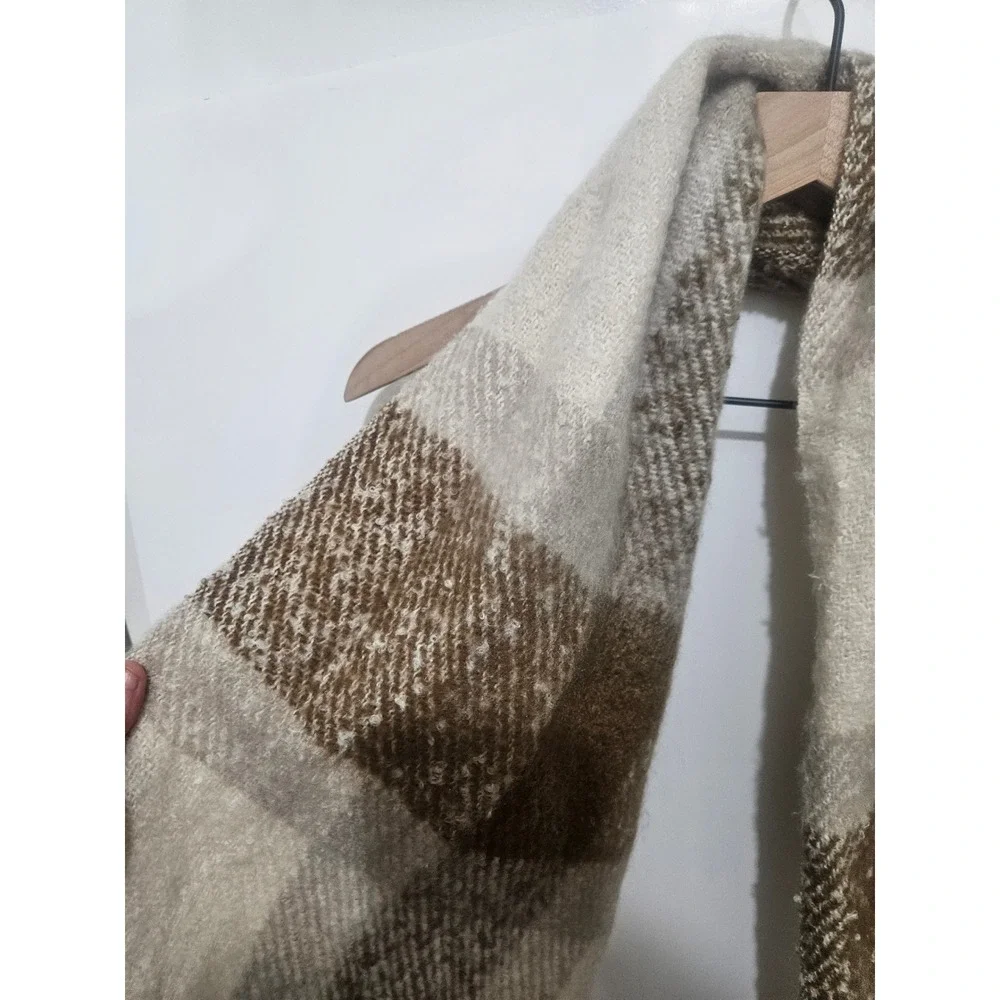 Neutral Plaid Oversized Blanket Scarf Brown Cream Tan Fringe‎ Knit Wrap OS