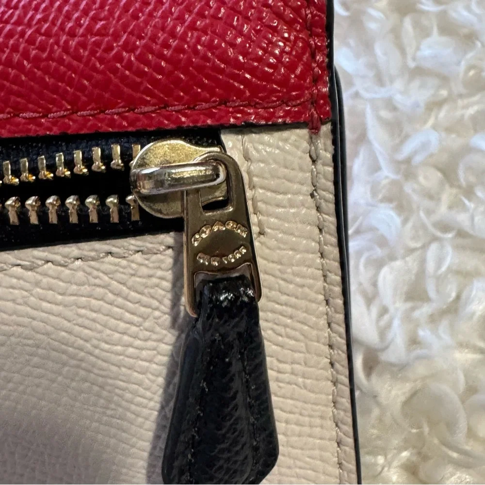 Coach Trifold Color Block Red & Cream Ivory Pebbled Leather Wallet