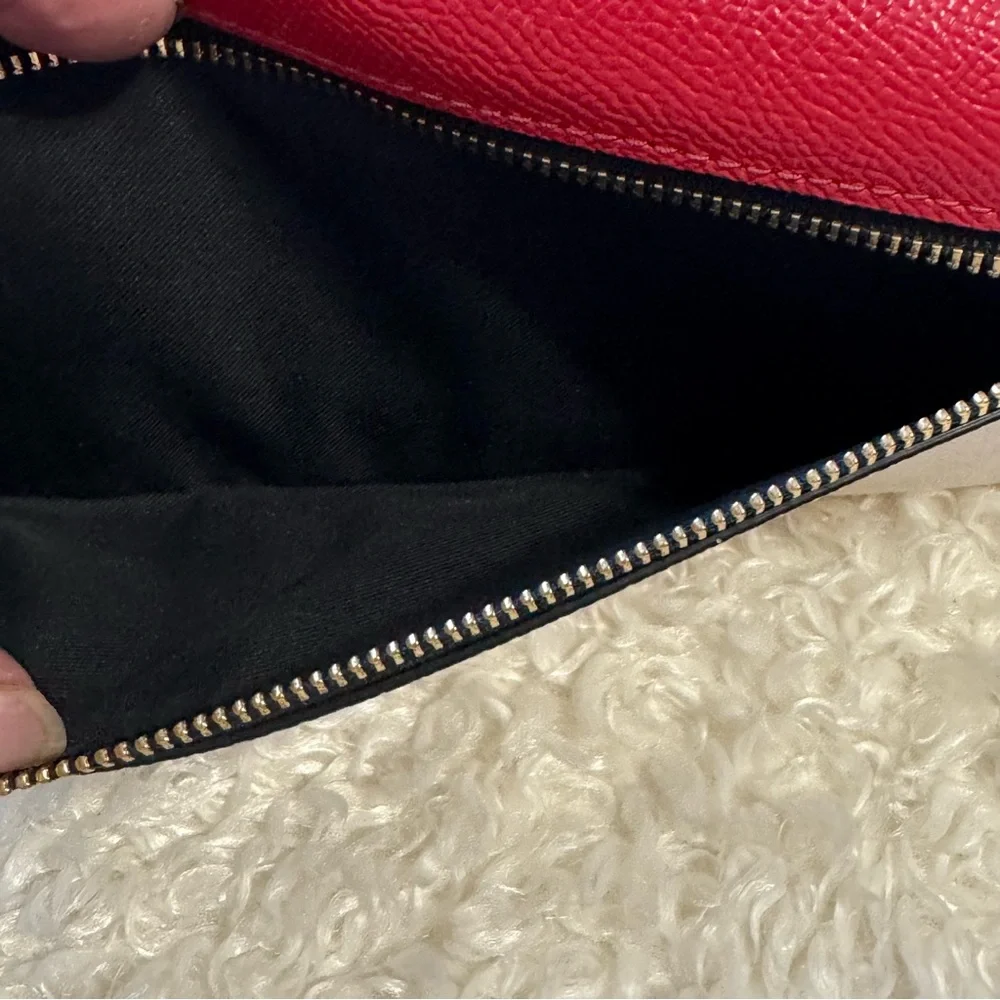 Coach Trifold Color Block Red & Cream Ivory Pebbled Leather Wallet