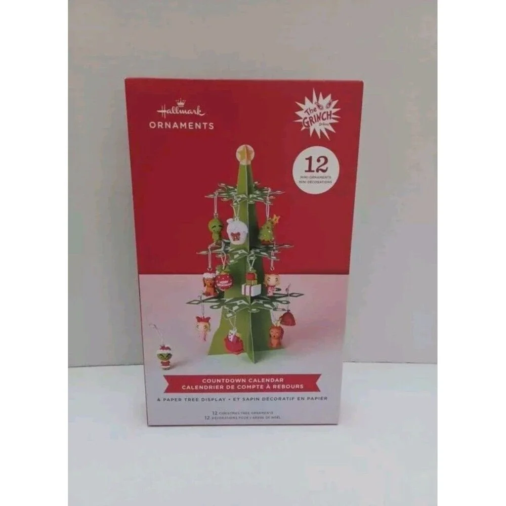 HALLMARK THE GRINCH‎ COUNTDOWN CALENDAR CHRISTMAS TREE & 12 MINI ORNAMENTS