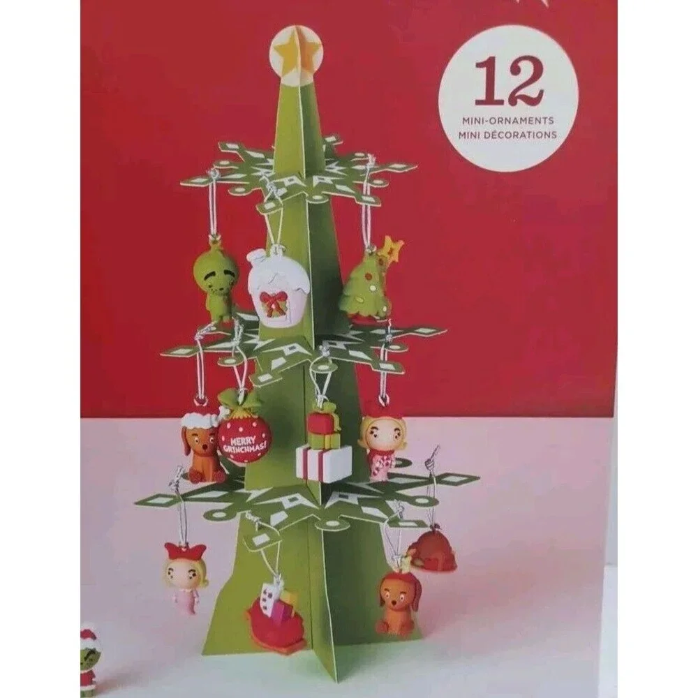 HALLMARK THE GRINCH‎ COUNTDOWN CALENDAR CHRISTMAS TREE & 12 MINI ORNAMENTS