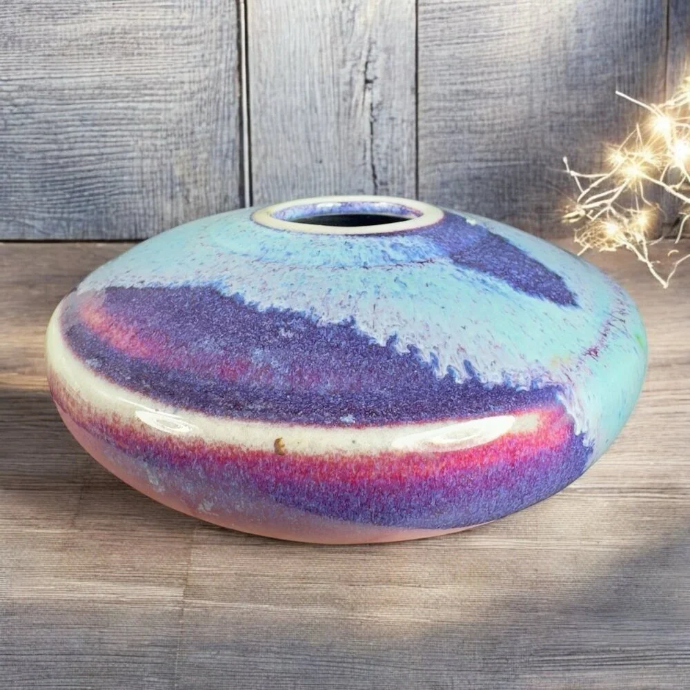 Vintage Hand Made Studio Art Pottery‎ Flat Vase Vessel Multicolor Glaze Vase VTG