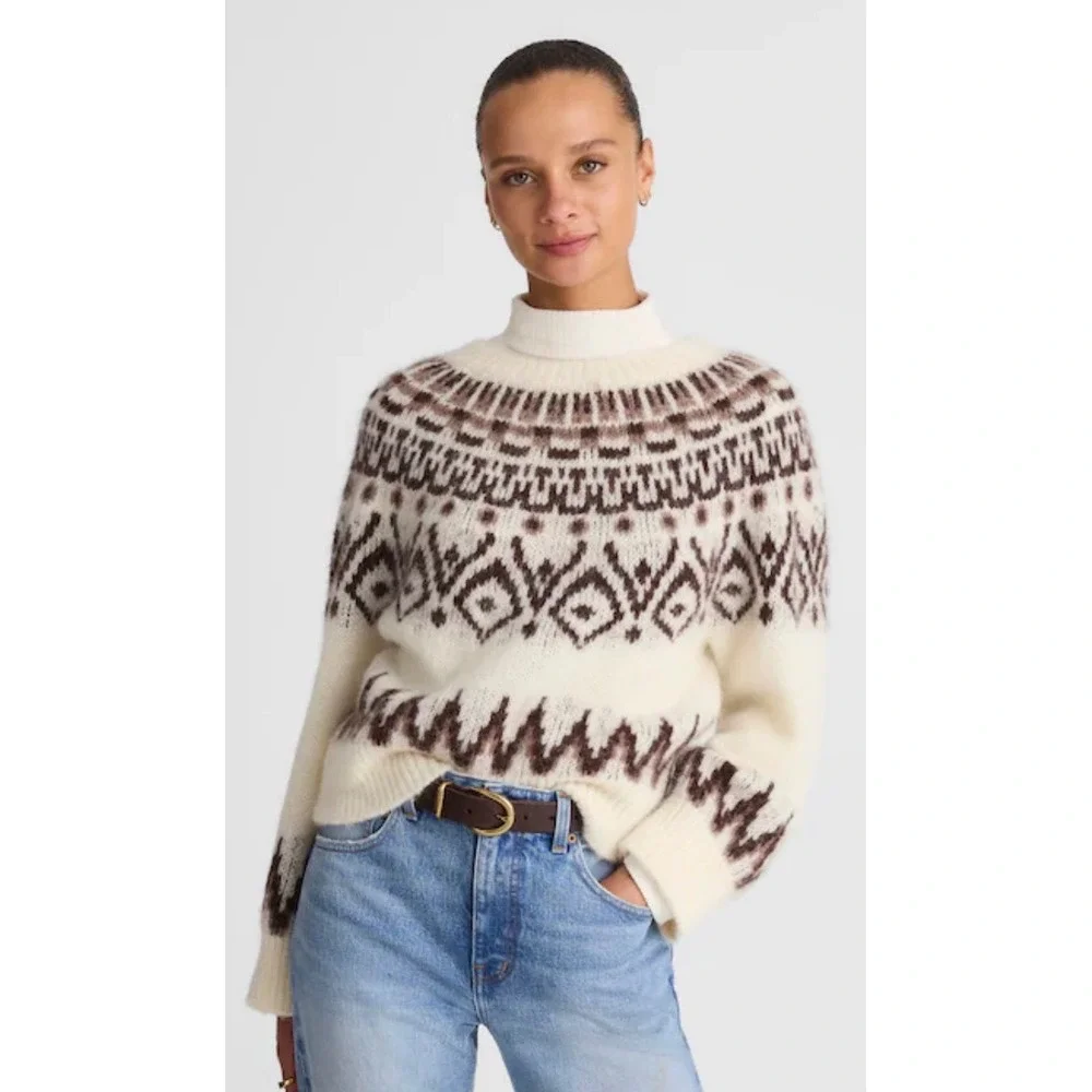 Madewell fair isle boxy sweater white brown merino wool blend small NWT