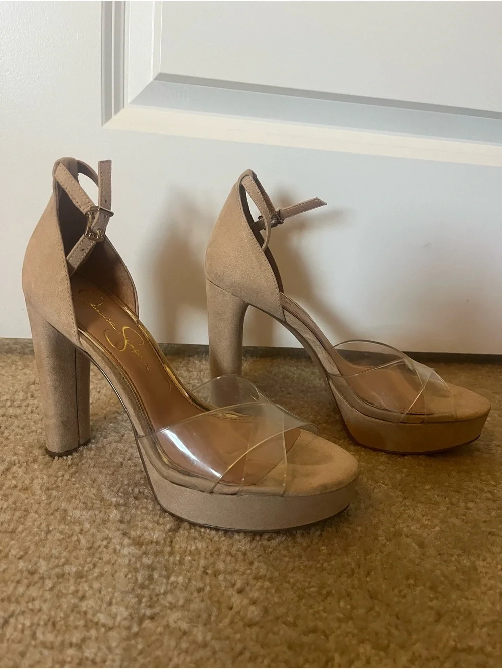 Clear Strap Tan Platform Heels with Ankle Strap Size 8