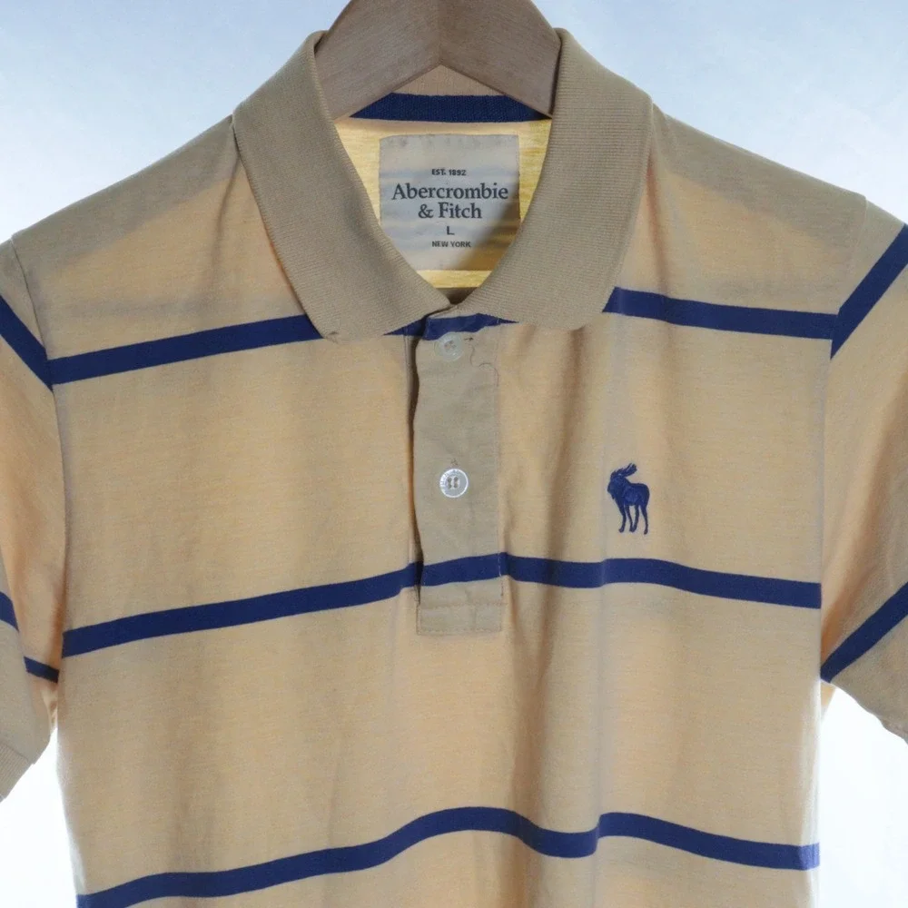 Abercrombie Polo Shirt Kids‎ Large (Men Small) Rugby Striped Moose Yellow Preppy