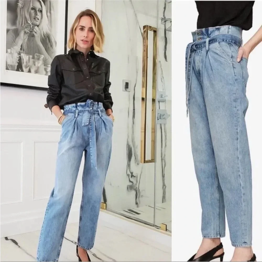 Anine Bing Jeans‎ Everly Paper Bag Waist High Rise Denim Women's Size 25 Blue