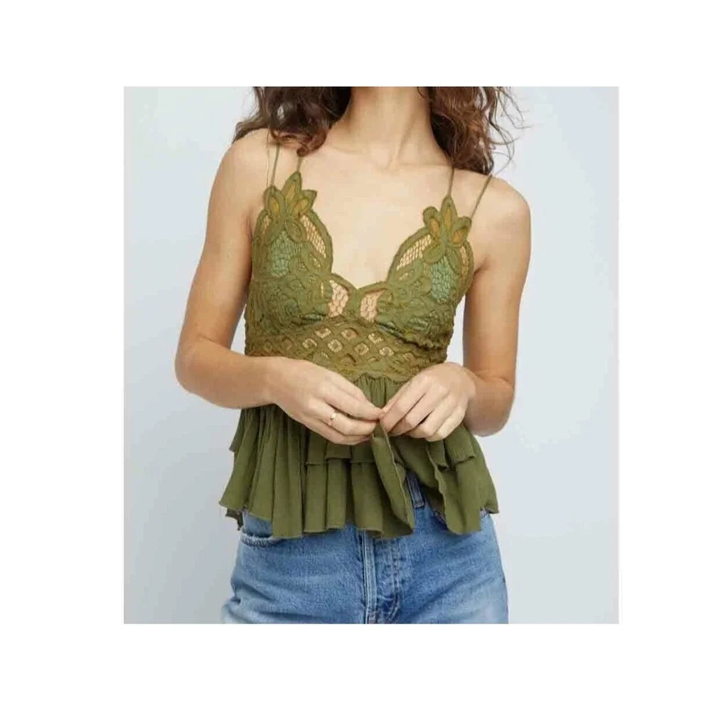 Intimately Free People Adella Cami Blouse Top Crochet Lace Flowy Green M 287108