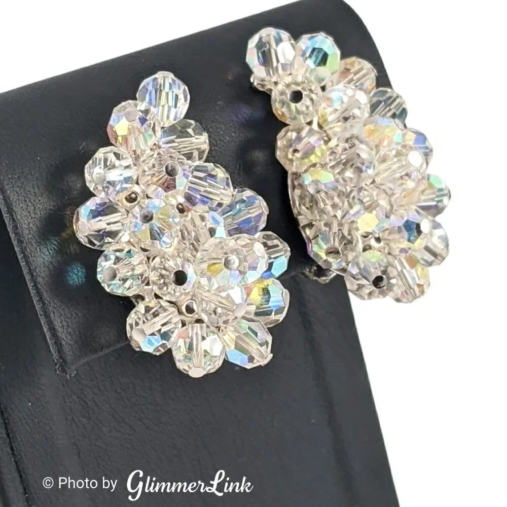VTG AB Aurora Borealis Beaded Paisley Cluster Silver Tone Clip On Earrings