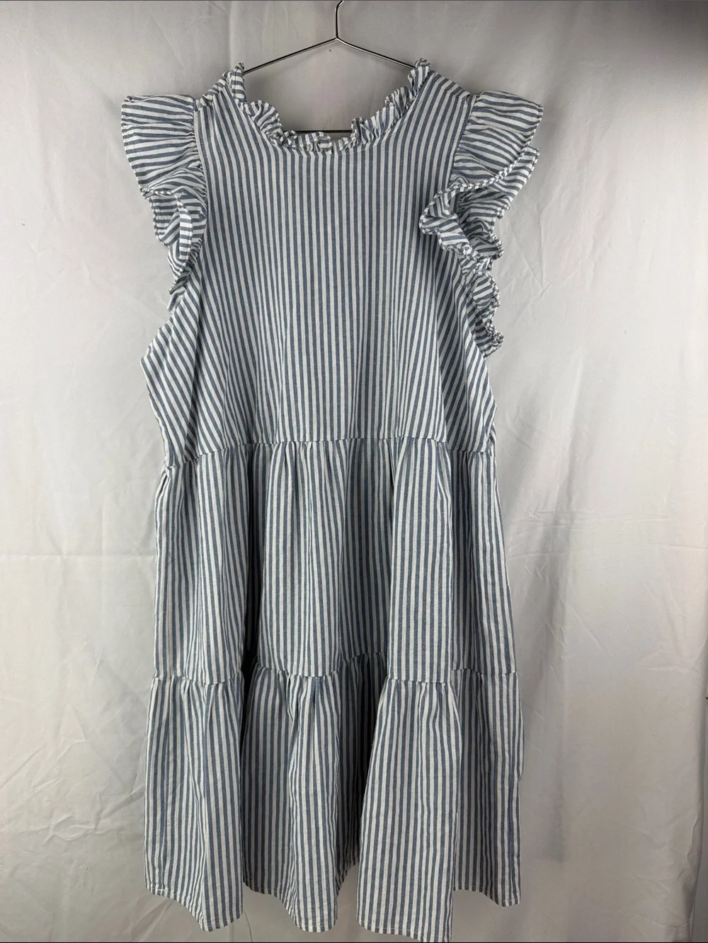 Mudpie Blue & White Striped Tiered Ruffle Sleeve Tie Back Size Large Kids Dress