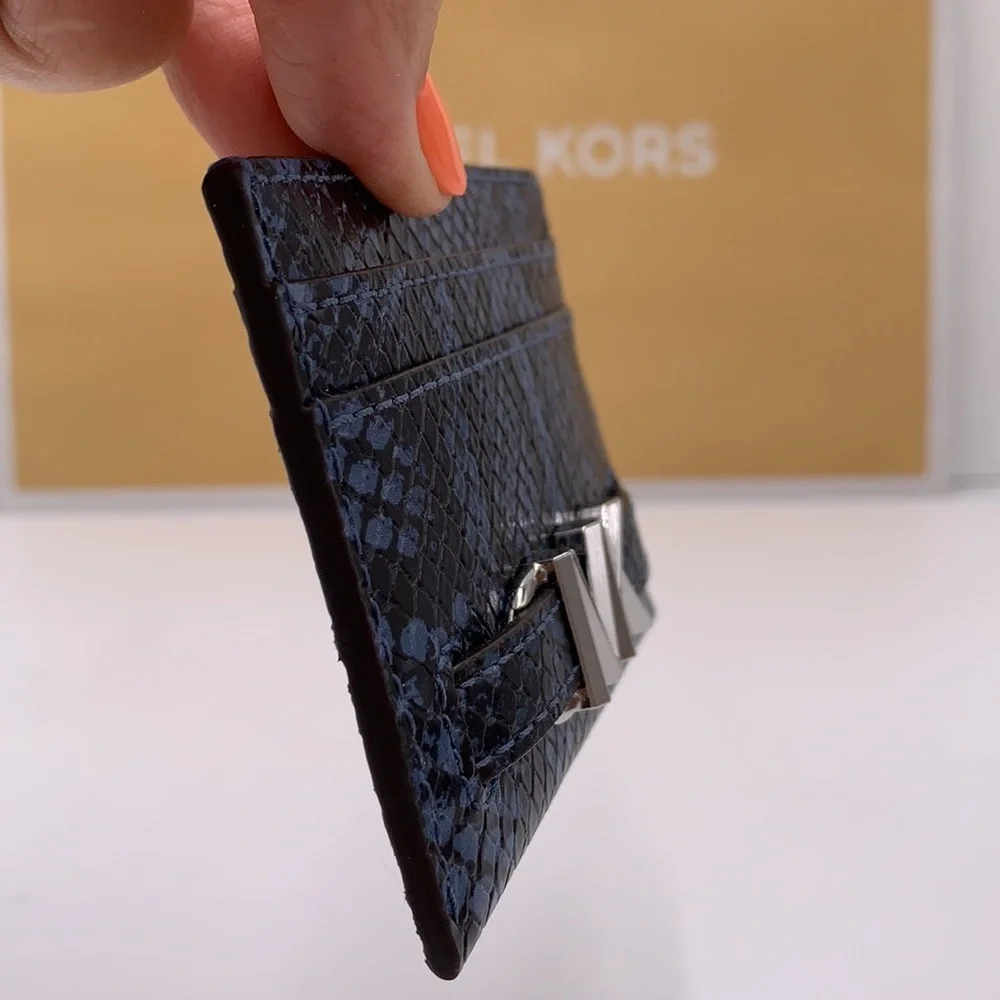 MICHAEL KORS Reed Large Snakeskin Python Patter Card Holder Case Denim NWT