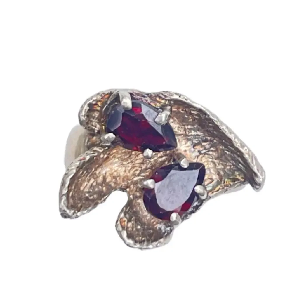 Vintage Brutalist Sterling Silver Garnet Ring - Size 6.5