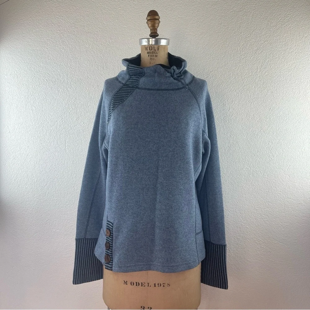 PrAna l M Lucia Wool Blend Funnel Neck Stripe Wood Buttons Knit Pullover Sweater