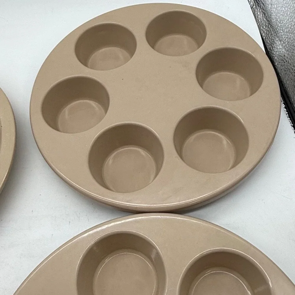 Vtg Anchor Hocking Micro-Ware Set‎ Almond Beige Egg Muffin Trays Divided Plate