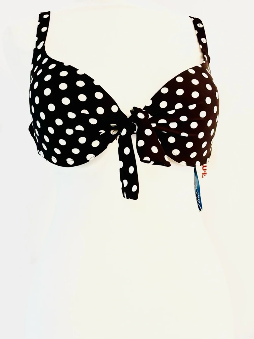 B. Rio Blue Brown and White Polka Dot Tie-Front Bikini Swim Top Large 36 C NWT