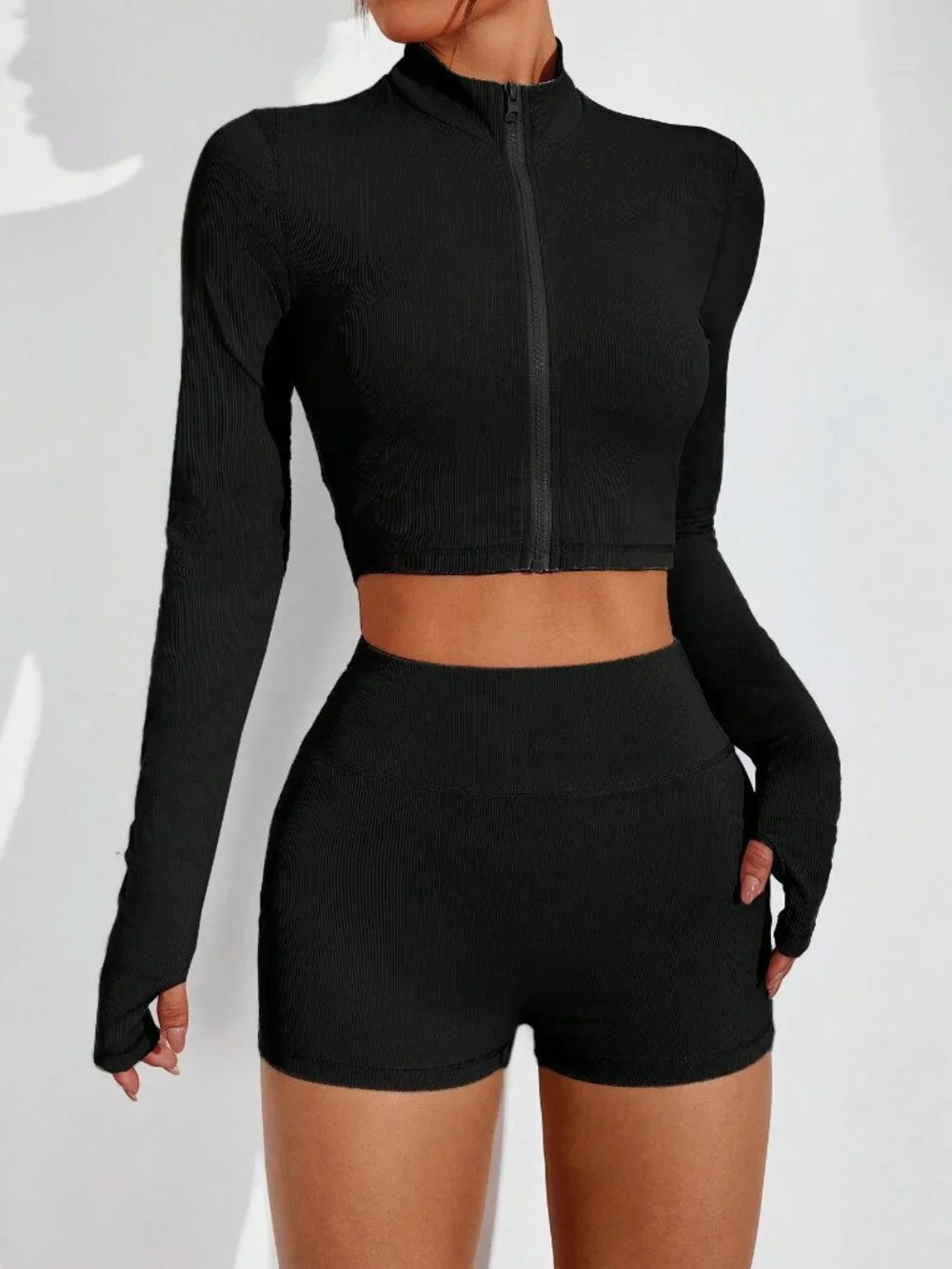 Black Yoga Women's U-Neck Tank Top, High Waist Shorts & Thumb Hole Jacket Set