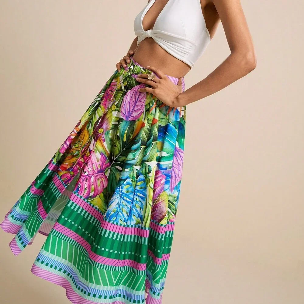 Green Boho Women's Tropical Watercolor Palm Leaf A-Line Midi Skirt
