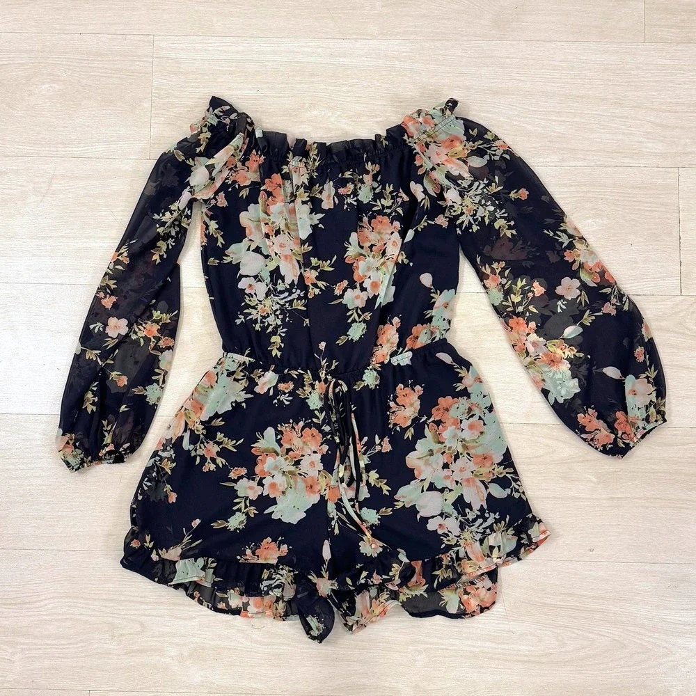 Lulus Floral Off The Shoulder Romper Navy Peach Mint Green Long Sleeve Size‎ M