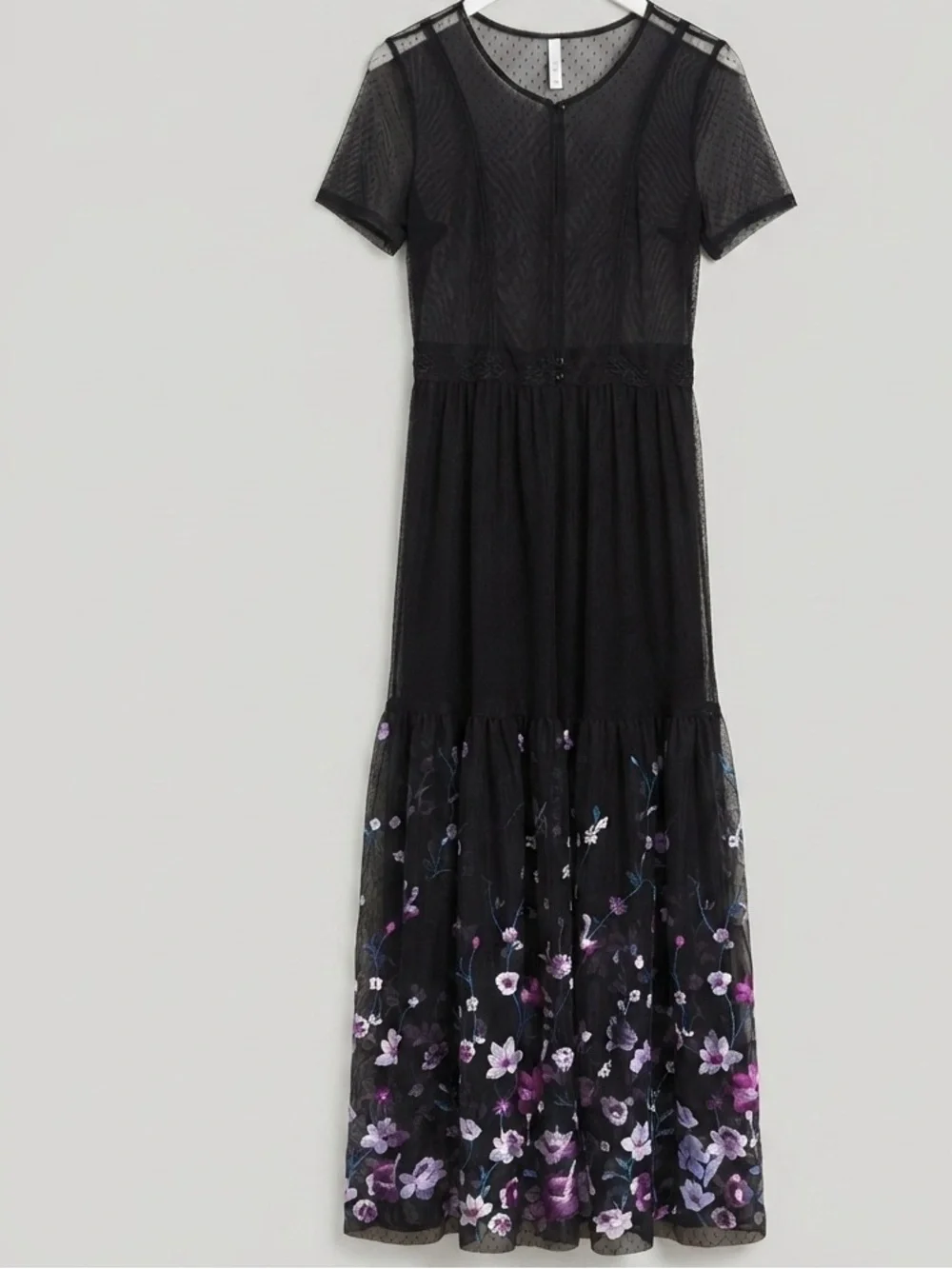 Black Floral Mesh Maxi Dress Size Large Sheer Embroidered Overlay Kimono Style