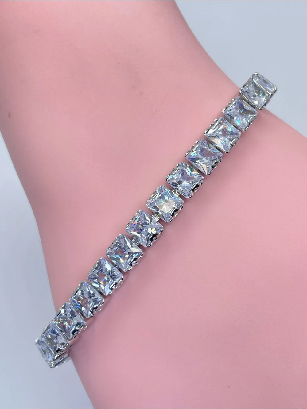 Swarovski Crystal Elements Diamond White Princess Cut Tennis Bracelet Silver