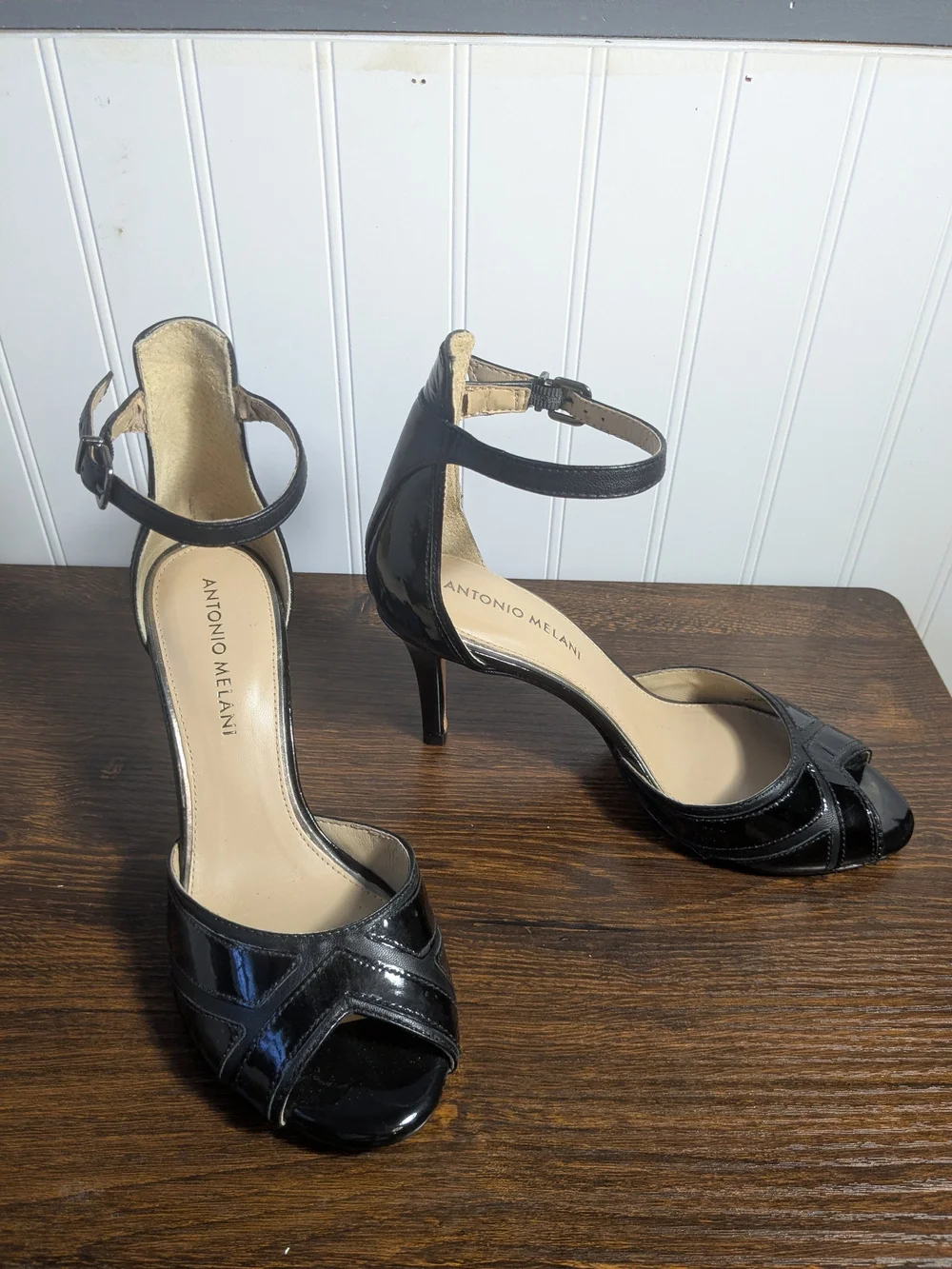 Antonio Melani Black Patent Leather Art Deco Peep Toe Ankle Strap Heels, SZ 6