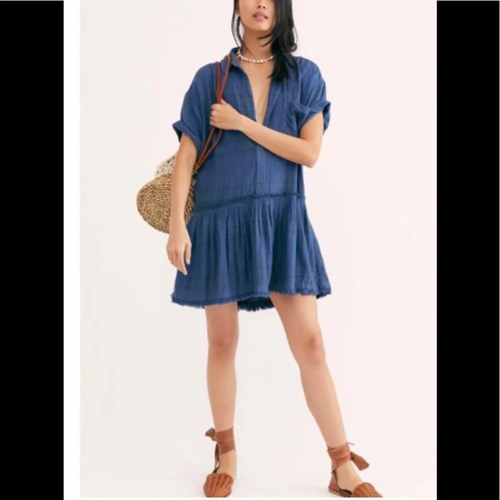 SALE NWT Free People Love Buzz Dress Med Blue Plaid