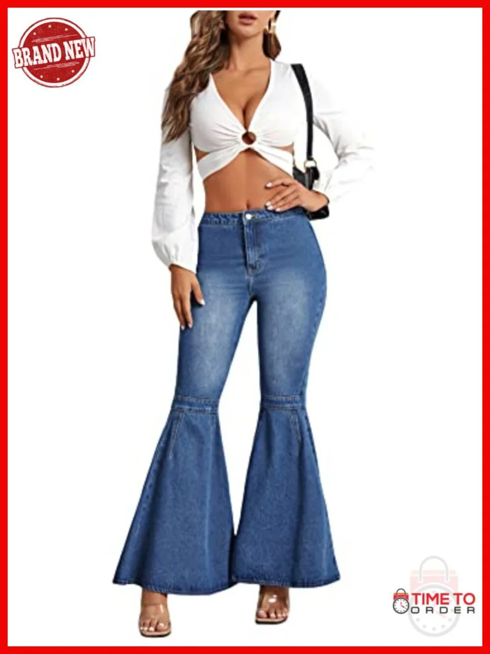Flare Leg Bell Bottom Ruffle Hem High Waisted Denim Jeans