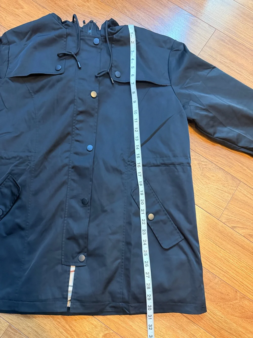 Saphirose Women’s Black Hooded Rain Coat with Plaid Lining Size XL