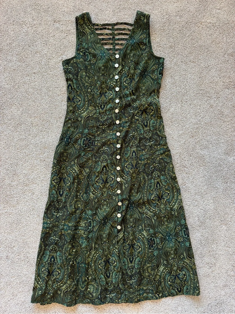 Womens Vintage Sleeveless Green Paisley Button-Front Dress- Size 10