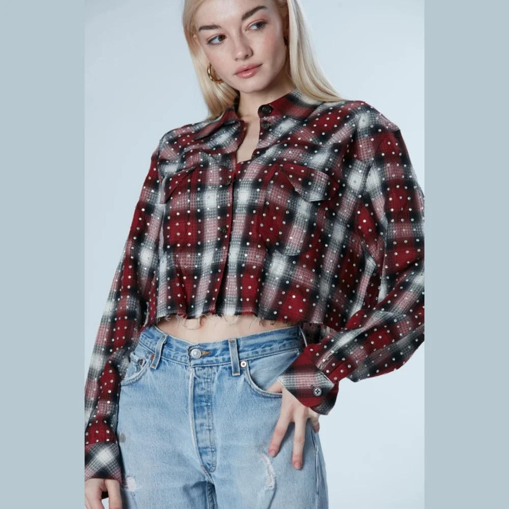 NWT Frankie B Rhinestone Jacket Plaid Flannel LA Streetwear RODEO FESTIVAL Rare