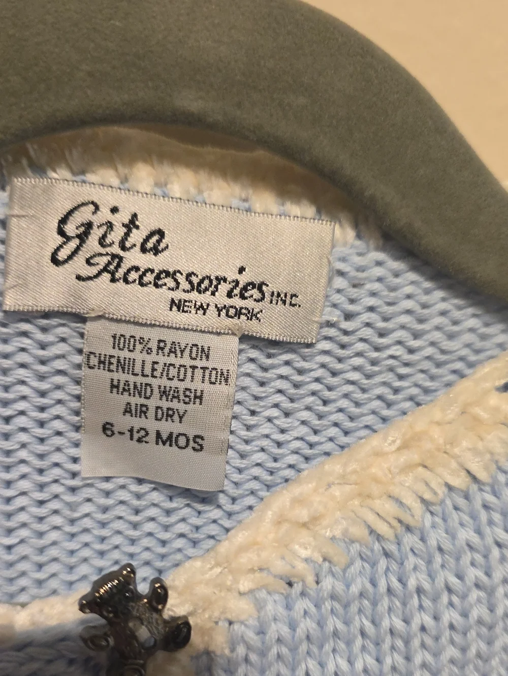Gita Accessories Light Blue Knit Baby Cardigan with Cream Trim 6- 12 Months