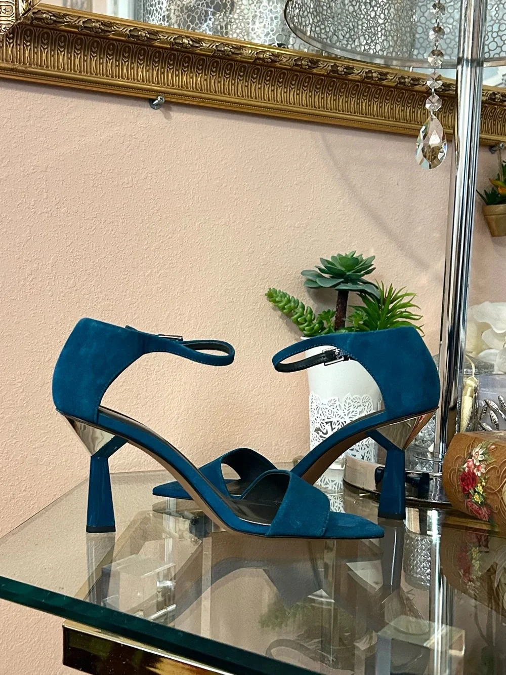 Never Worn * Franco Sarto Blue Suede Open-Toe Silver Heel Sandals Size 9.5