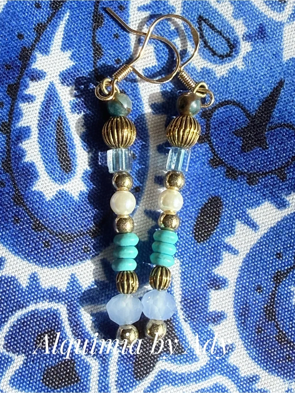 SUMMER +Turquoise pearl and old bronze Gold Bead Drop Earrings