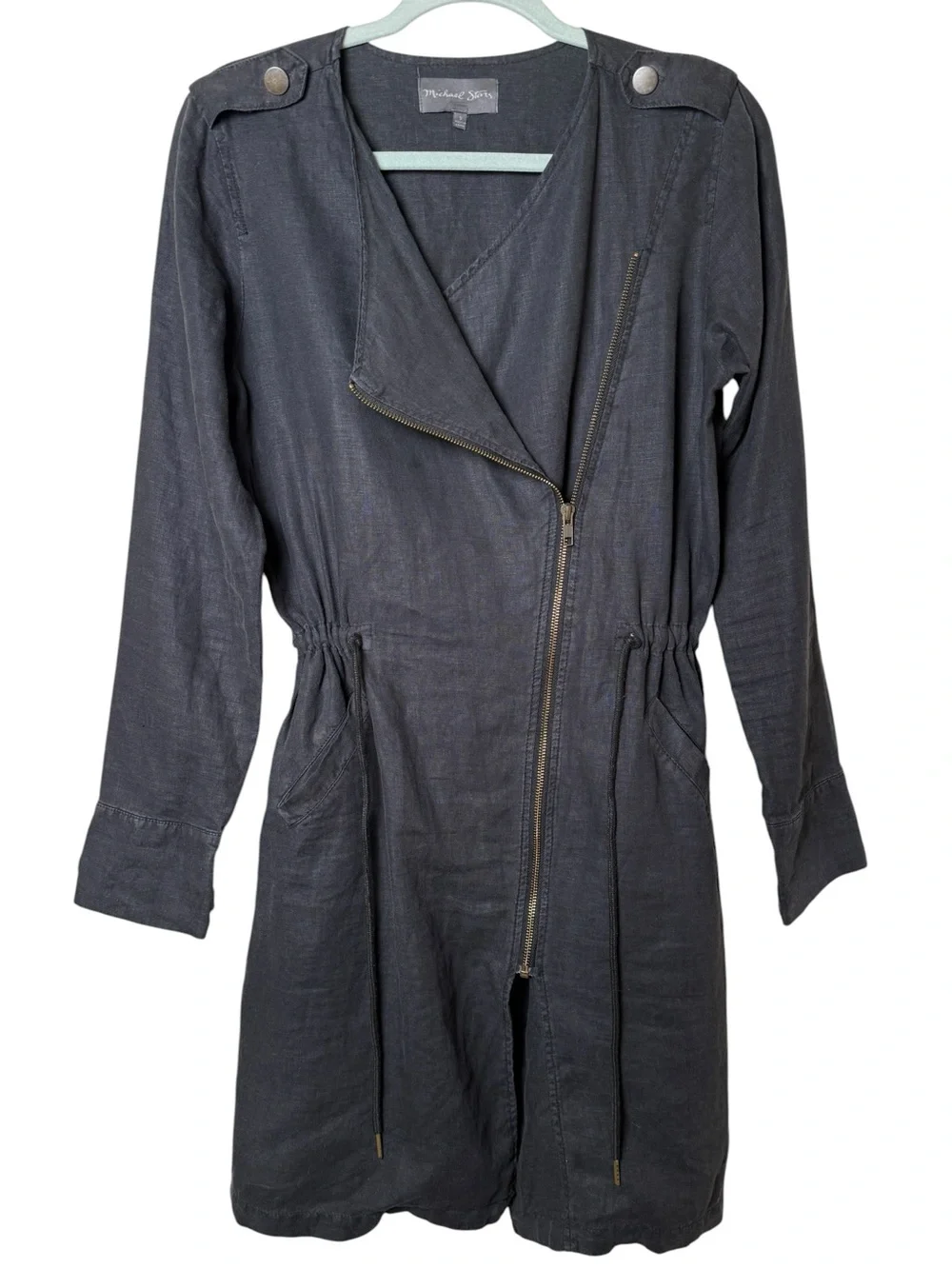 Michael Stars Small LINEN Charcoal Long-Sleeve Asymmetrical Zip Shirt Dress