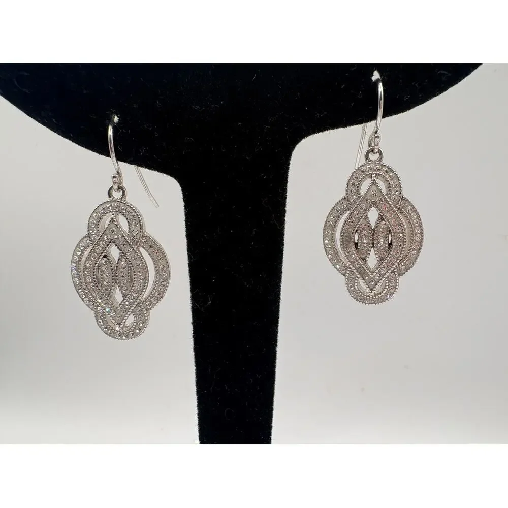 Sterling Silver CZ Fancy Flower‎ Dangle Earrings 6.9g