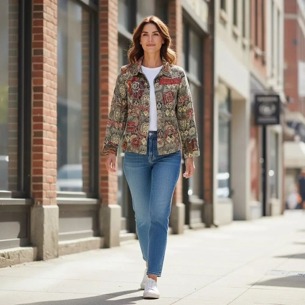 Coldwater Creek  BOHO Embroidered Tapestry Beaded‎ Jacket M Button Front 200H