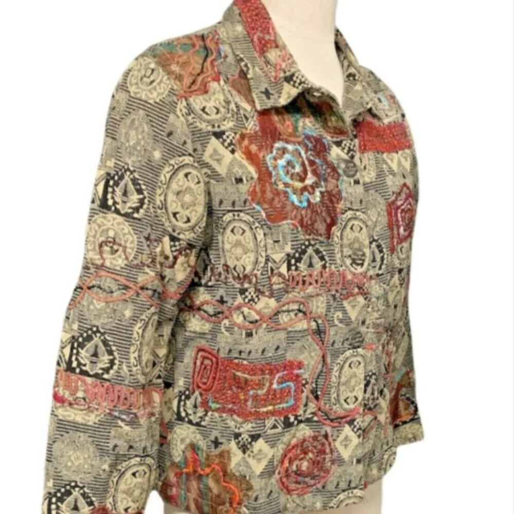 Coldwater Creek  BOHO Embroidered Tapestry Beaded‎ Jacket M Button Front 200H