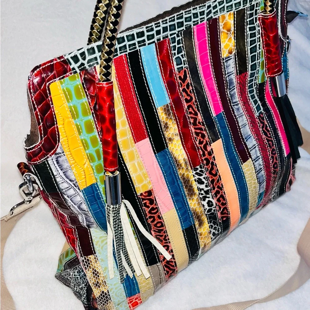 Leather Patchwork Multicolor Tote Bag Leather fringe