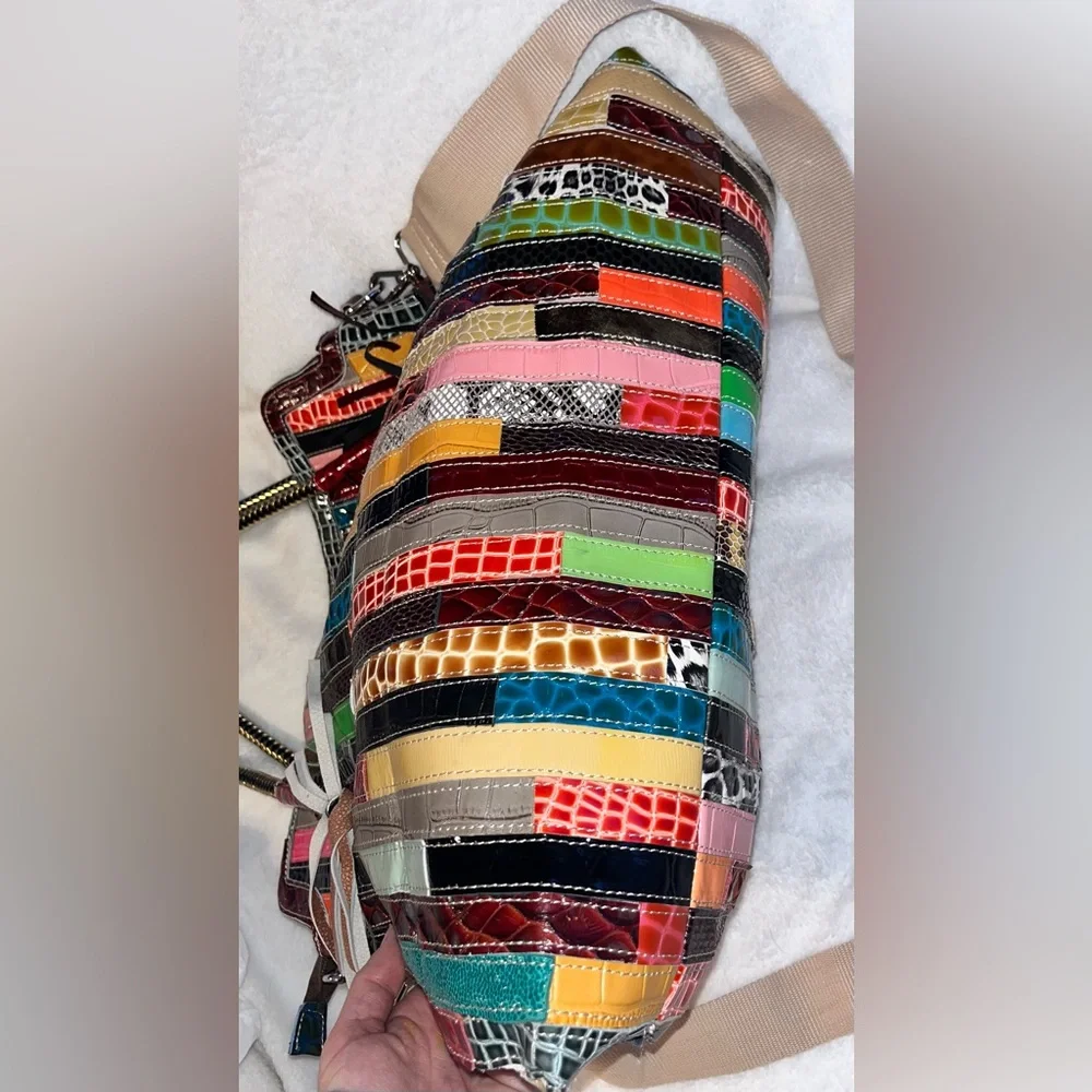Leather Patchwork Multicolor Tote Bag Leather fringe
