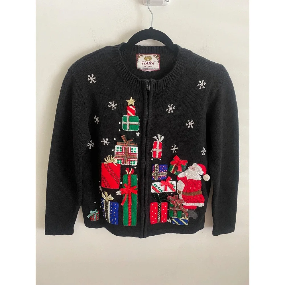 Tiara Petites Vintage Christmas Cardigan Full Zip Santa Presents‎ Sequin Sweater