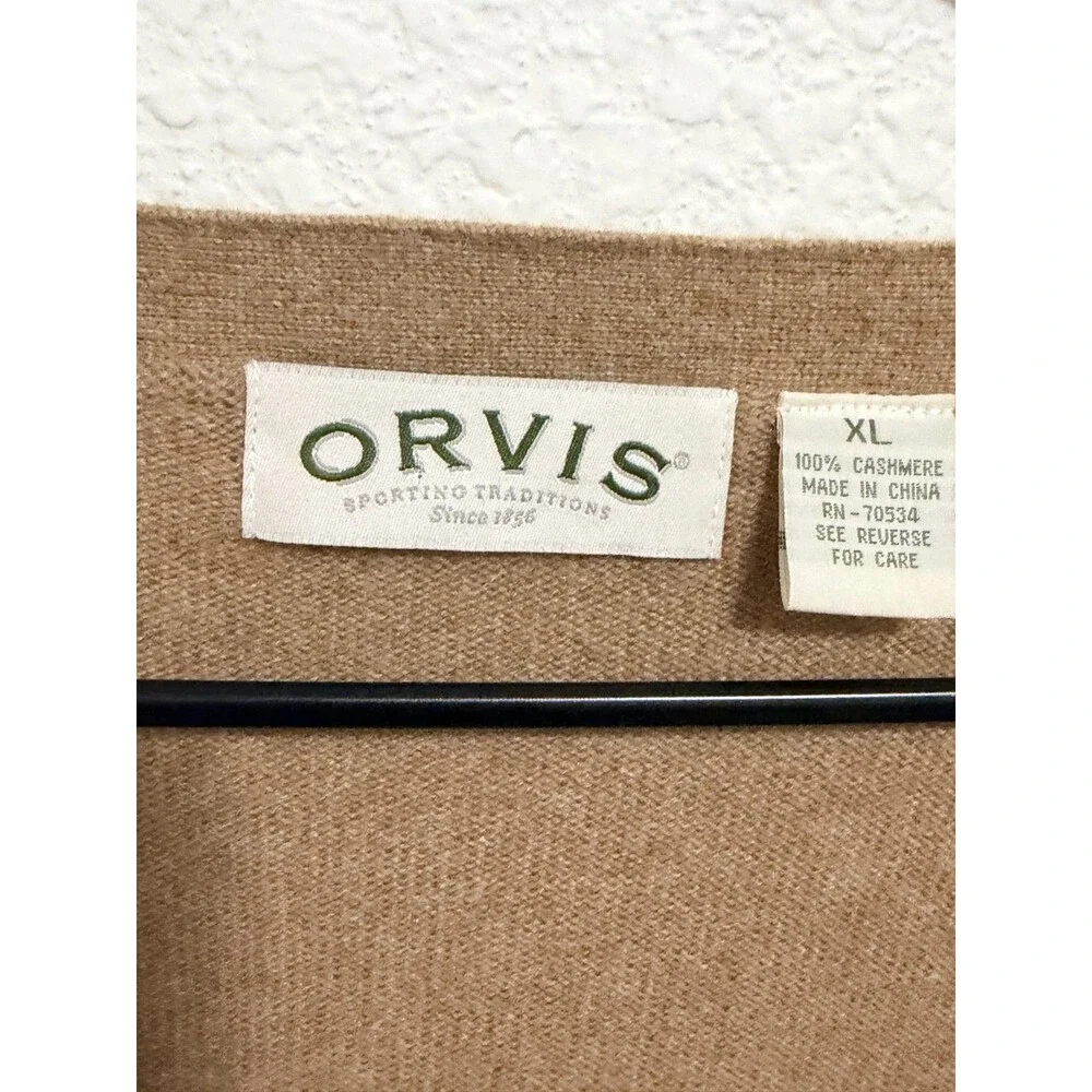 Orvis 100% Cashmere Cardigan Camel Sweater Buttons Pockets XL Womens