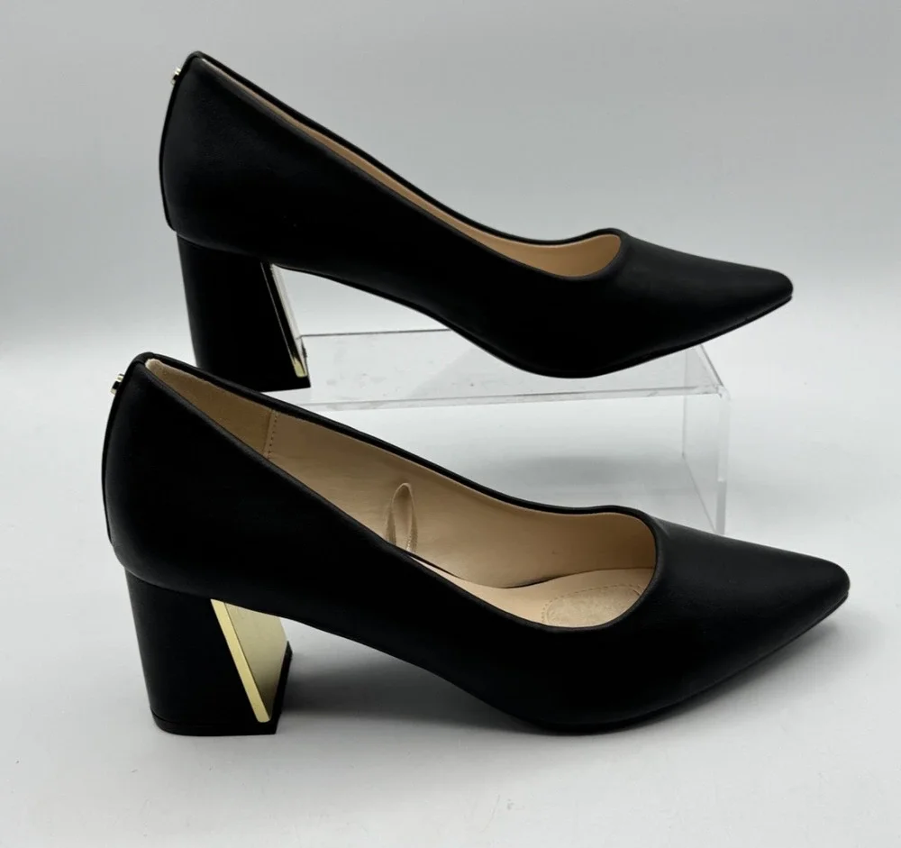 Jones New York Canal Black Block Gold Plated Heel Pumps Pointed Toe Size 7.5 NEW