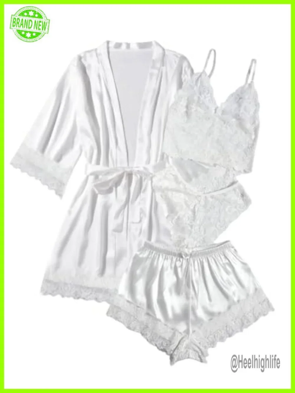 Silk Satin Pajamas Set 4pcs Lingerie Floral Lace Cami Sleepwear with Robe