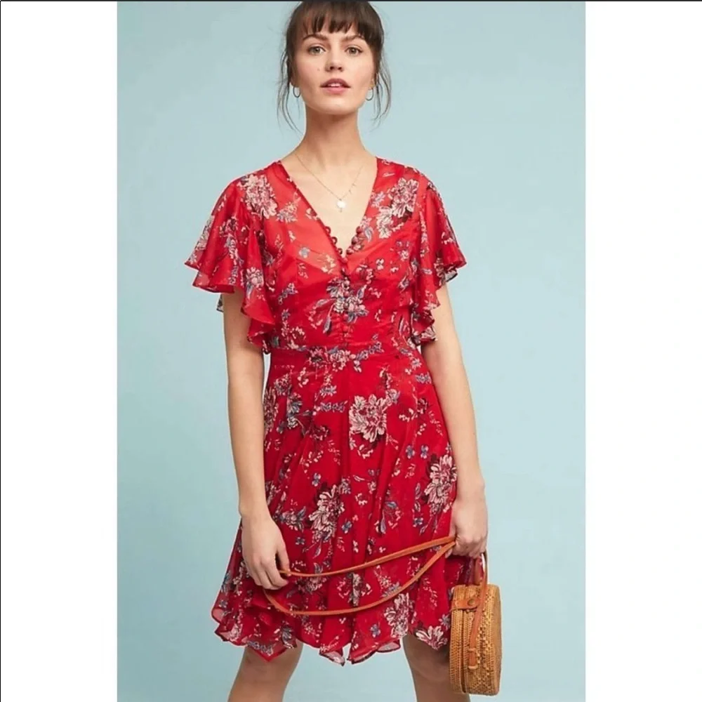ANTHROPOLOGIE RANNA GILL Scarlet Red Floral Keira Dress