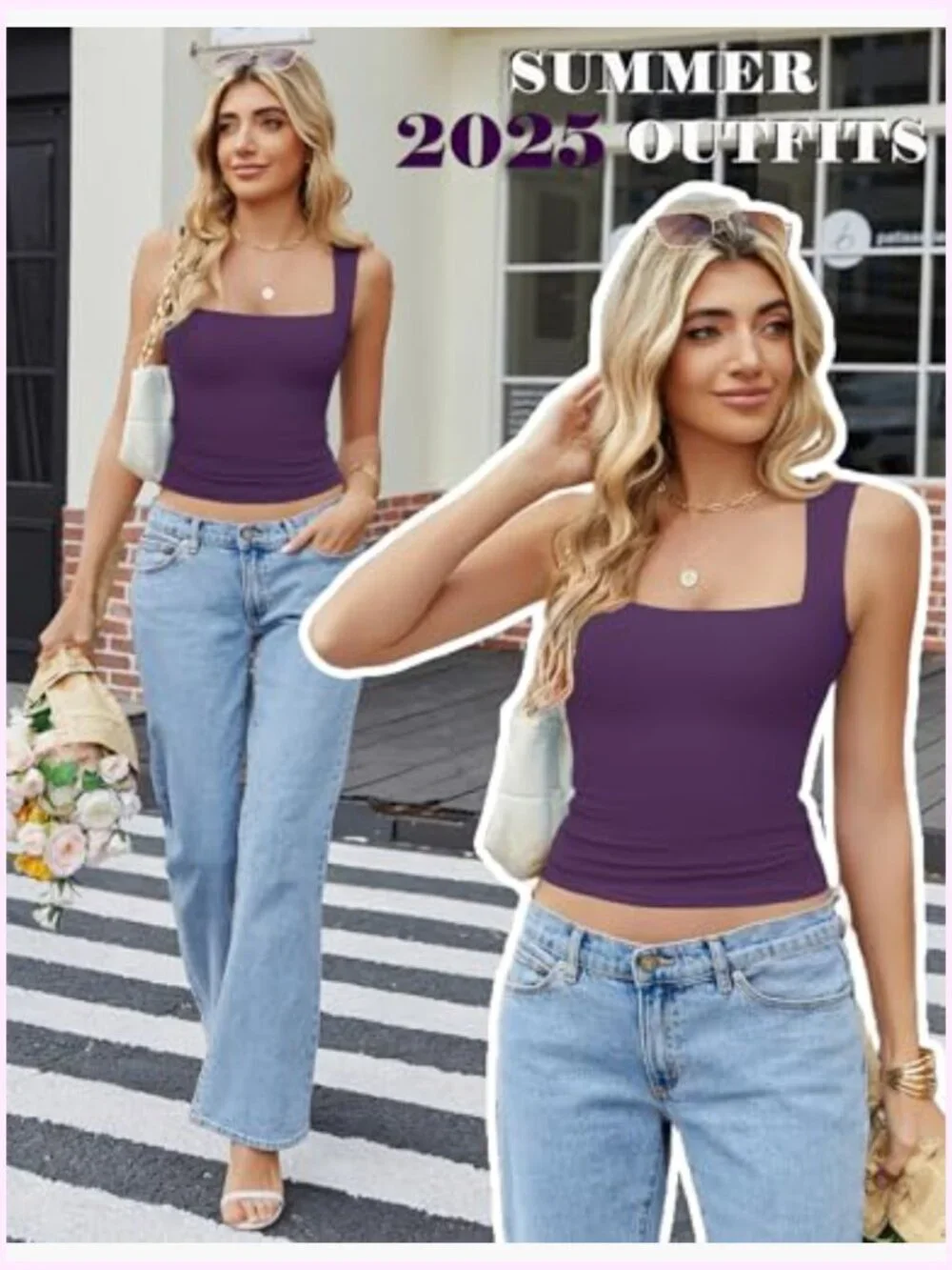 Square Neck Tank Top Double Lined Basic Crop Tops Going Out Shirt Slim Fit