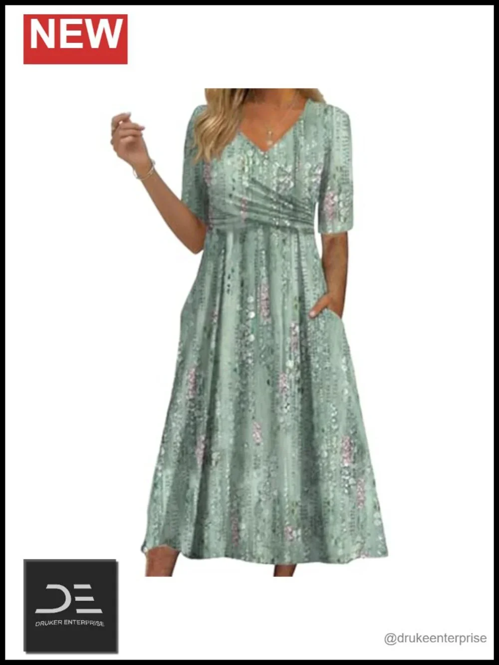 Women's 3/4 Sleeve Midi Dress with Pockets Flowy A-Line Boho V-Neck