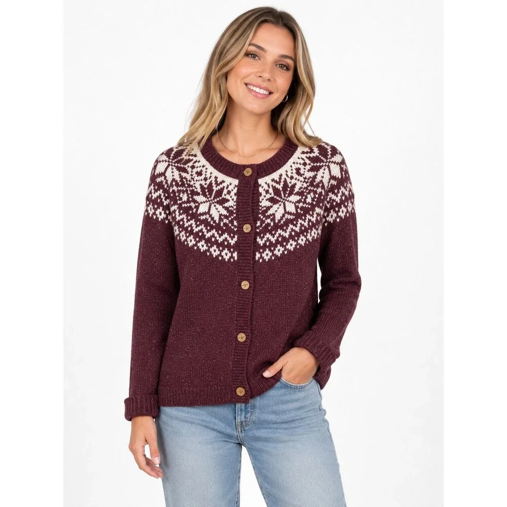 Woolrich Cardigan Sweater Size Large Fair Isle Nordic Wool Blend Maroon Snow