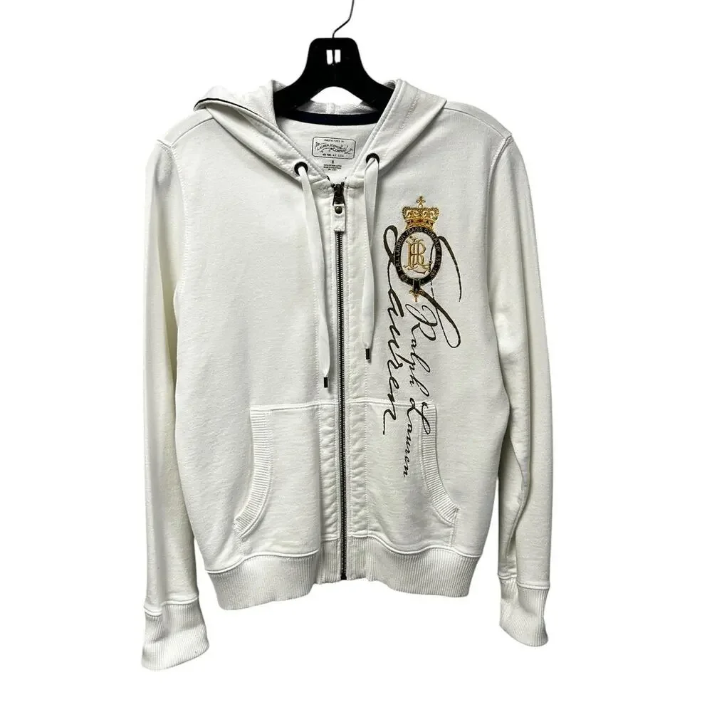 Lauren Jeans Co Y2K White Zip Up Crest Graphic Hoodie Jacket Womens Small