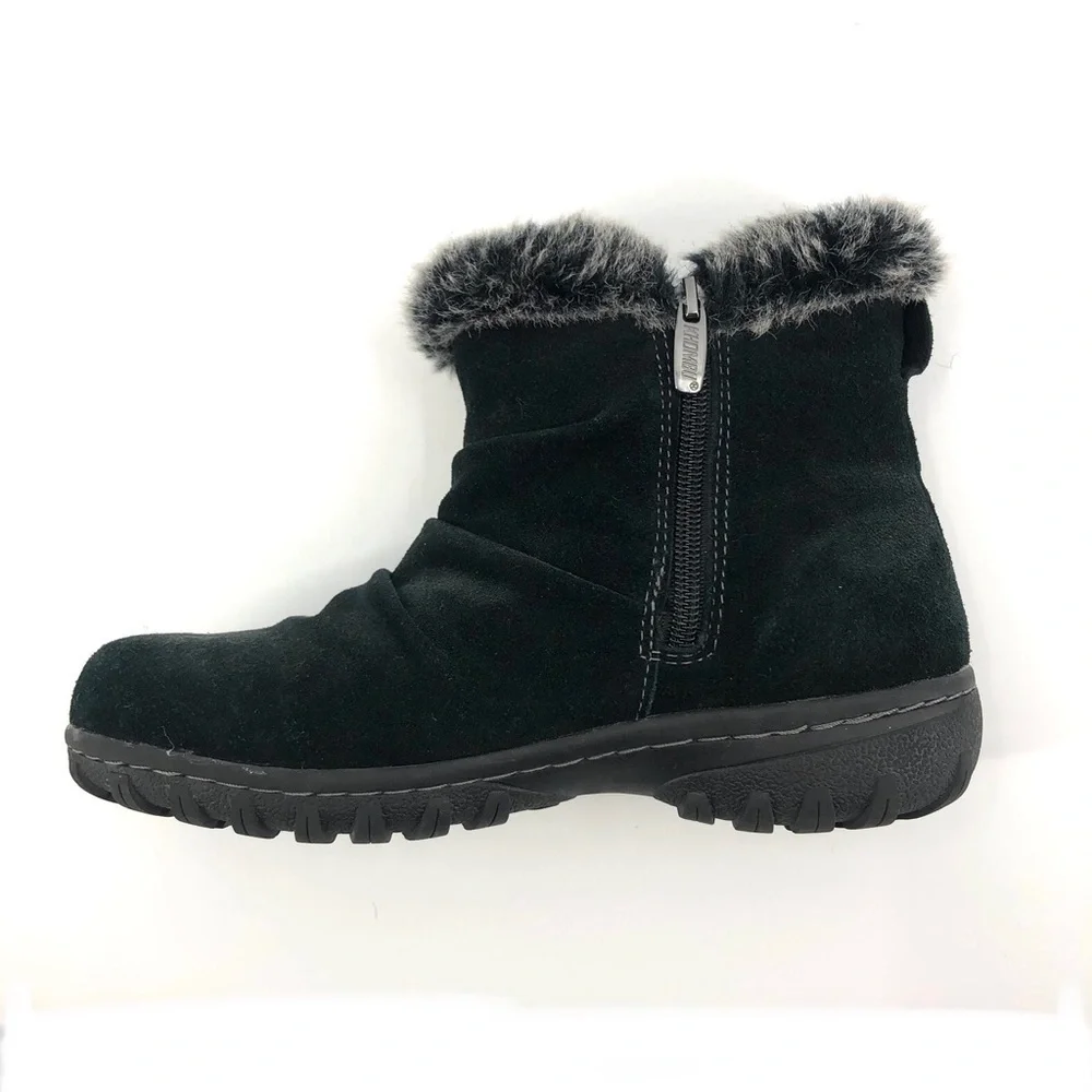Khombu Size 7 Lisa Boots All Weather Black Suede Leather Faux Fur Trim Outdoor